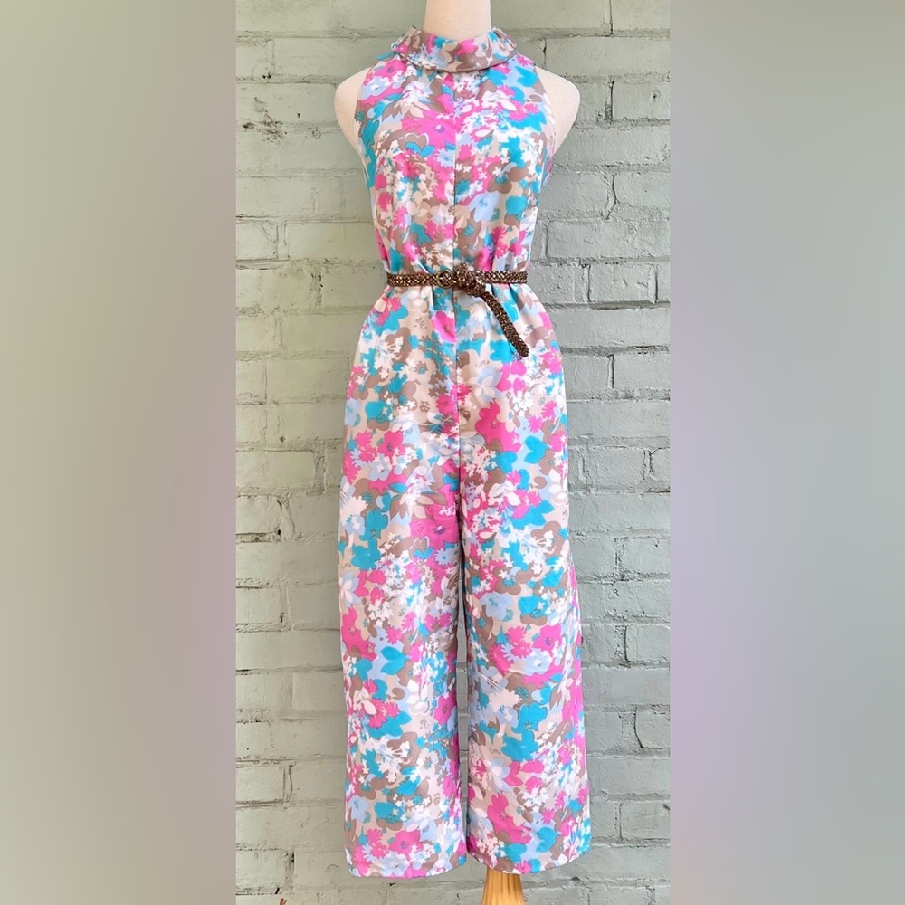 Vintage Sleeveless Floral Jumpsuit - Pink, Blue, and Brown